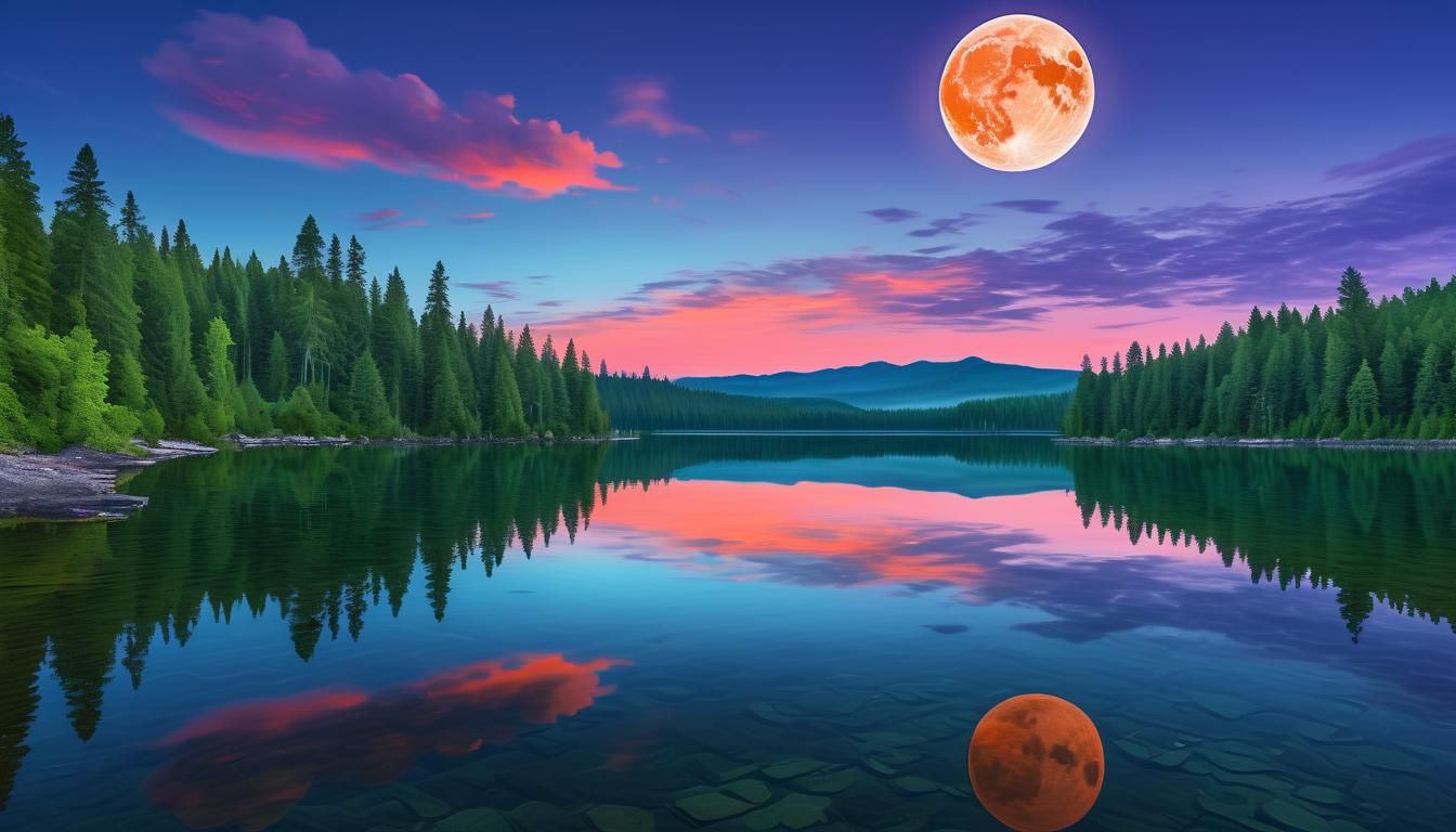 Twilight Lake Reflecting Full Moon in Lush Forest