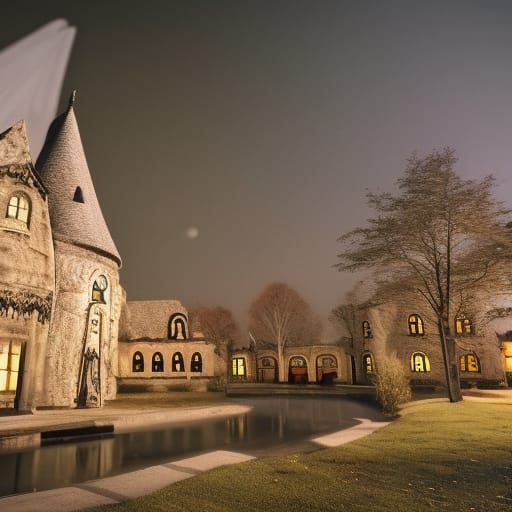 Spooky Halloween Castle Reflected in Lake