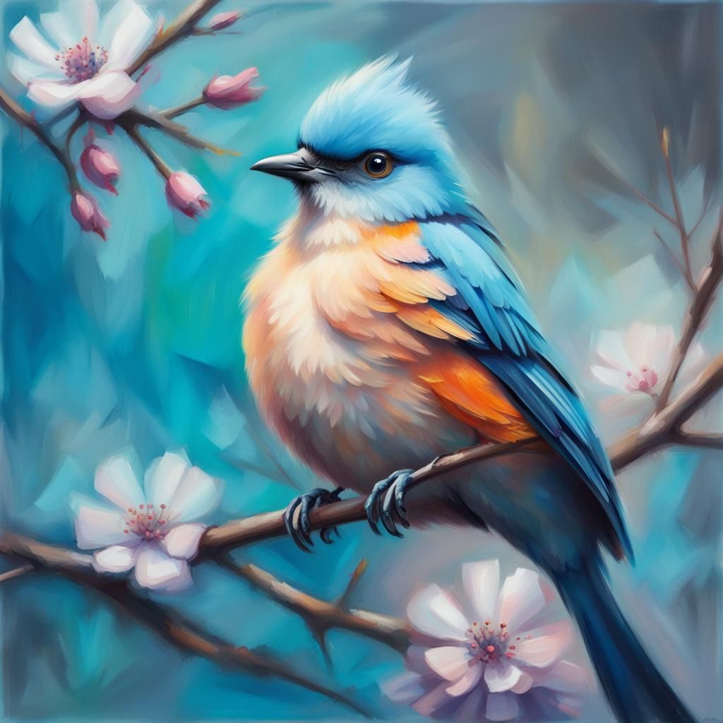 Blue Blossom Bird Portrait in Oil Painted Style