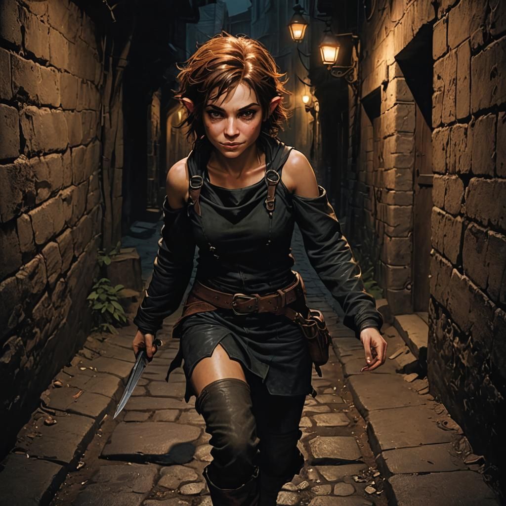 Female Halfling Rogue with Knife in Shadowy Alley