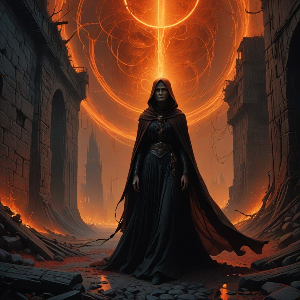 Mystical Sorceress Conjured in Fiery Vortex of Golden Light