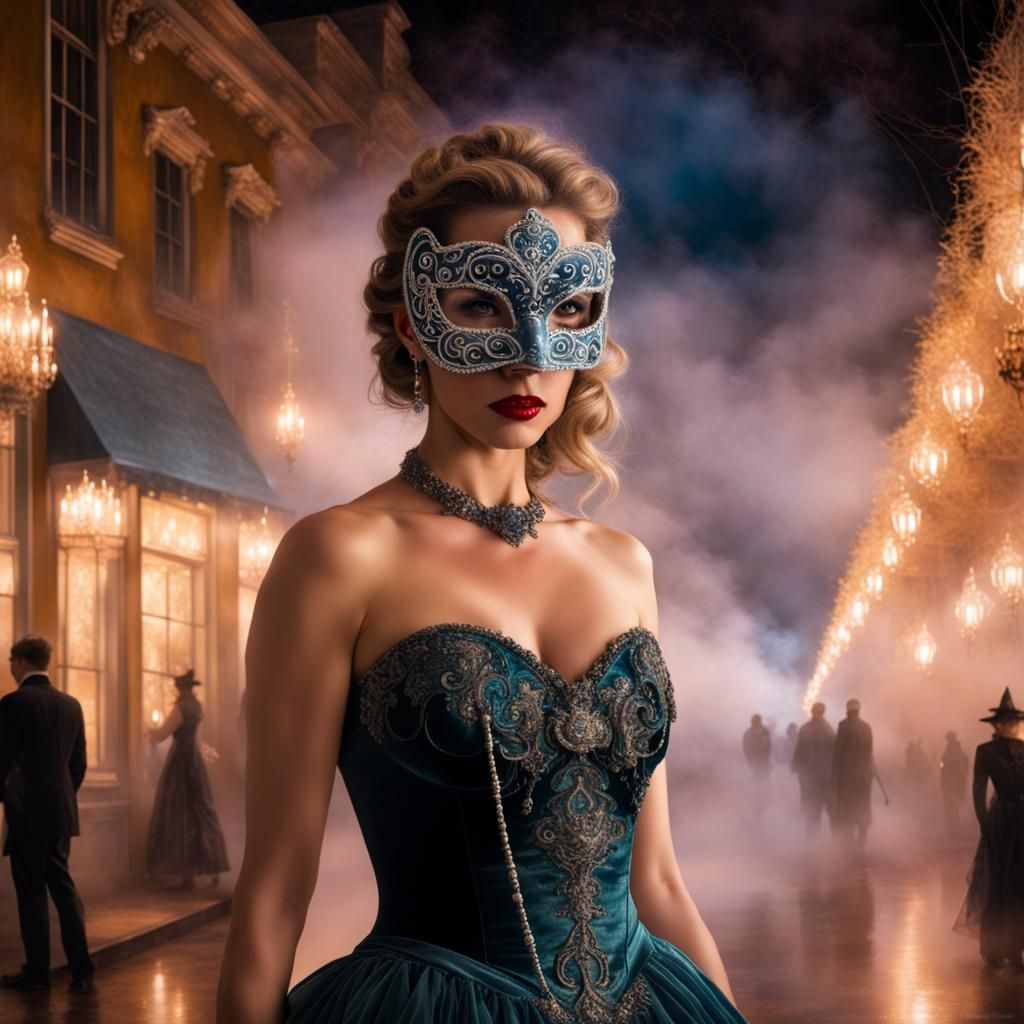 Woman in Velvet Gown at Masquerade Ball