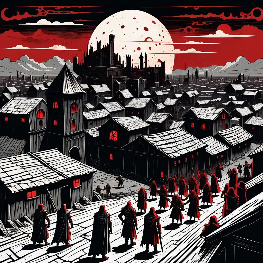 Dystopian Medieval City Sunset: 1970s Fantasy Art