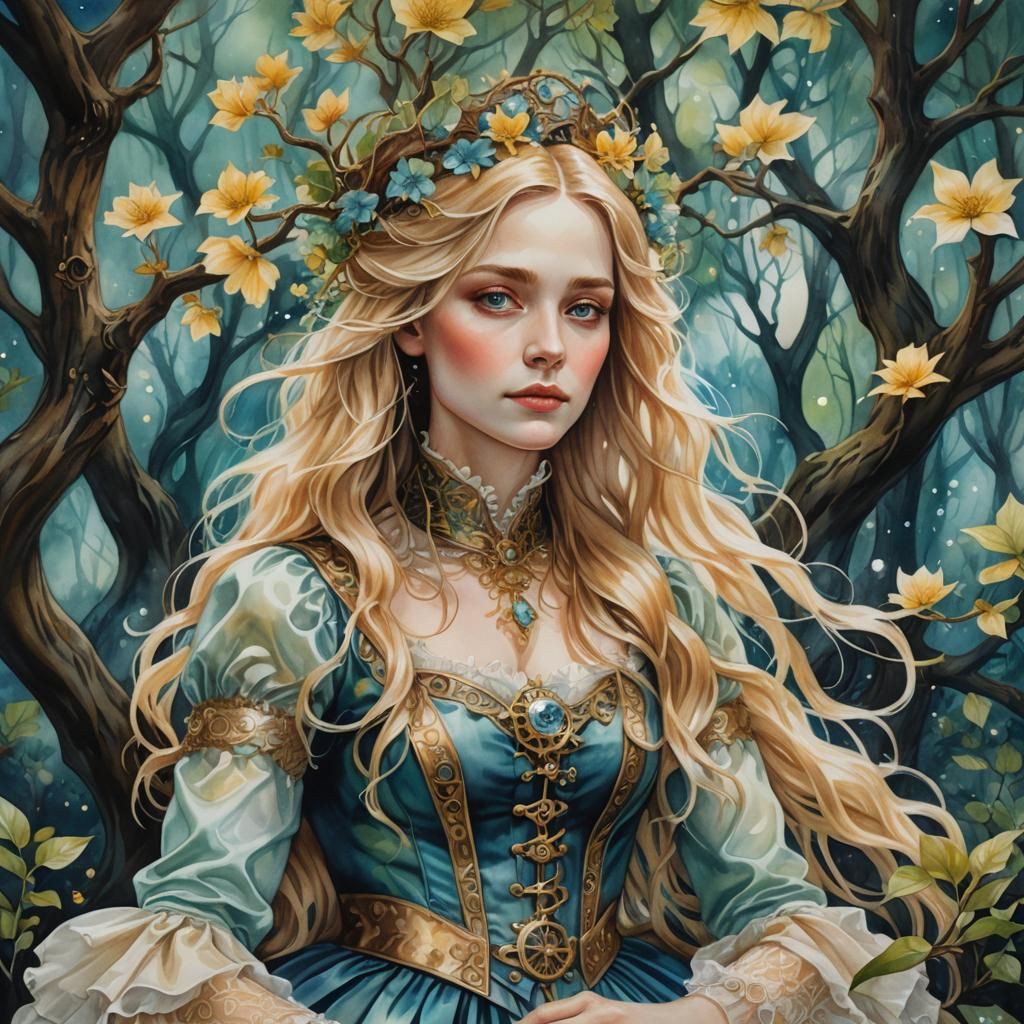 full body portrait edwardian volupteus woman sitting in a tree overlook magical bioluminescent forest, watercolor contra...