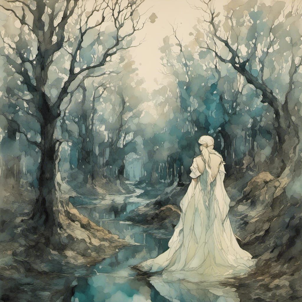 Magical Night in Misty Valley: Watercolor and Ink