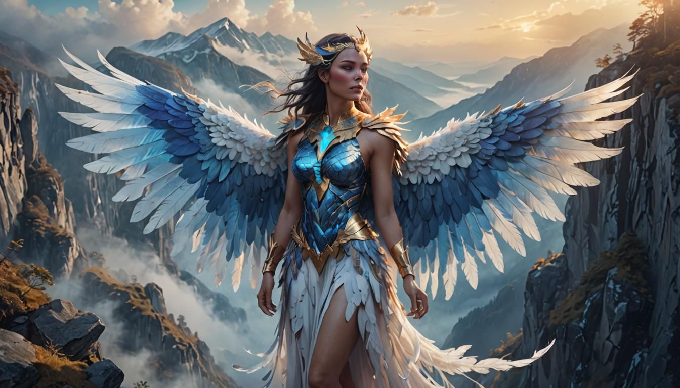 Bird Woman with Blue and White Wings