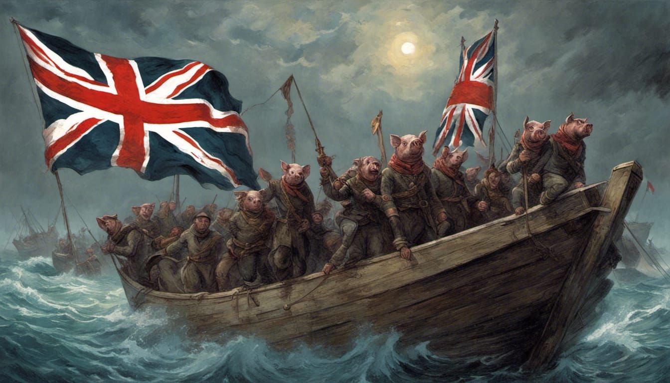 Pig Soldiers Sail Under Union Jack Flags