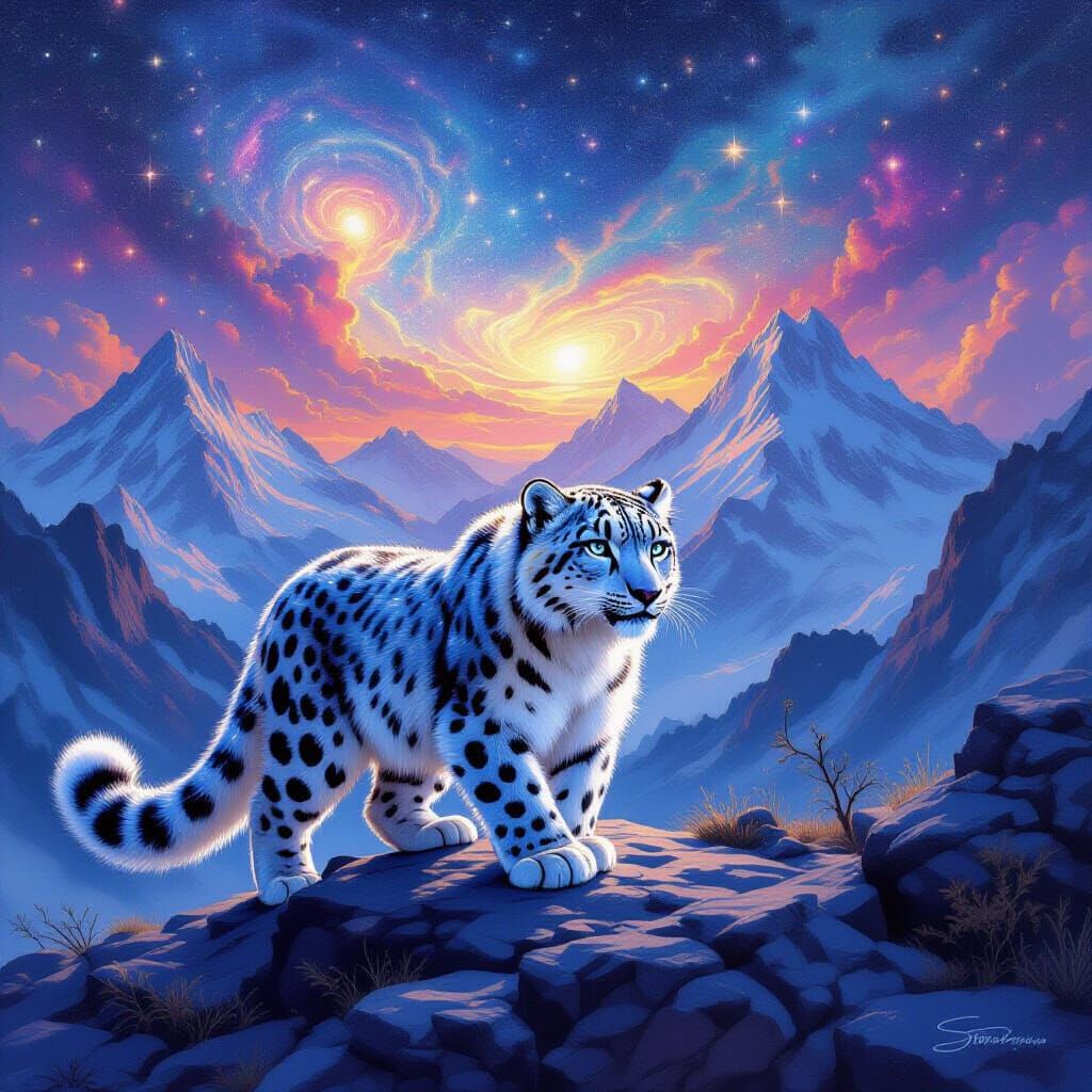 Snow Leopard in Cosmic Mountains, Celestial Style