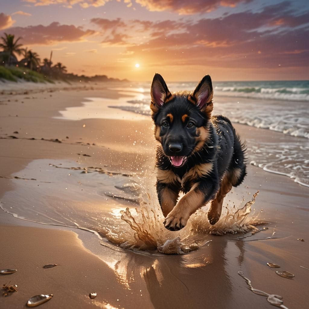 German Shepherd Puppy Runs on Beach at Sunset