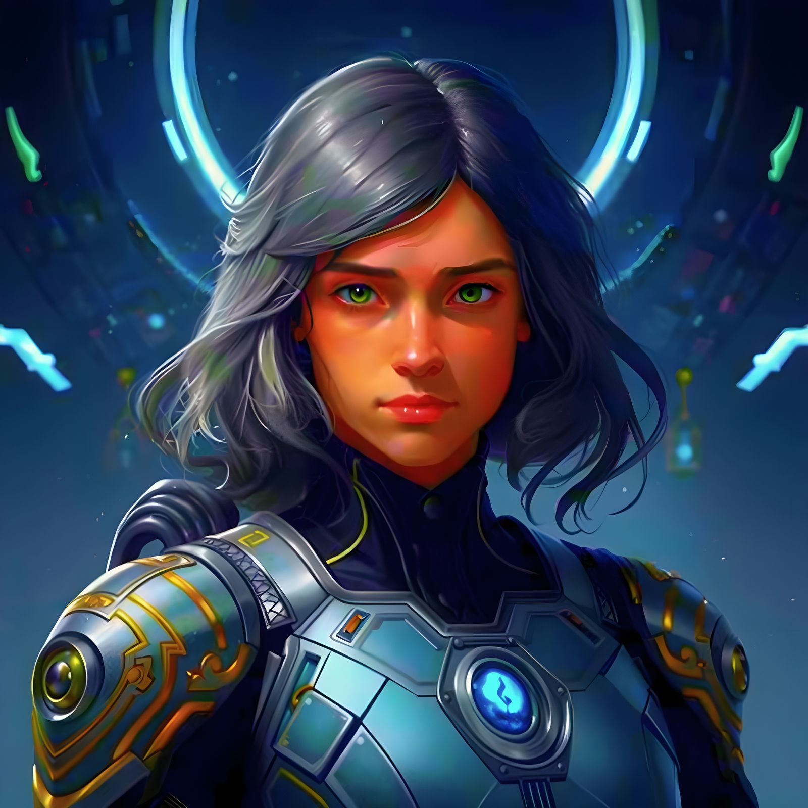 Brilliant Inventor Girl in Emerald and Ruby Armor