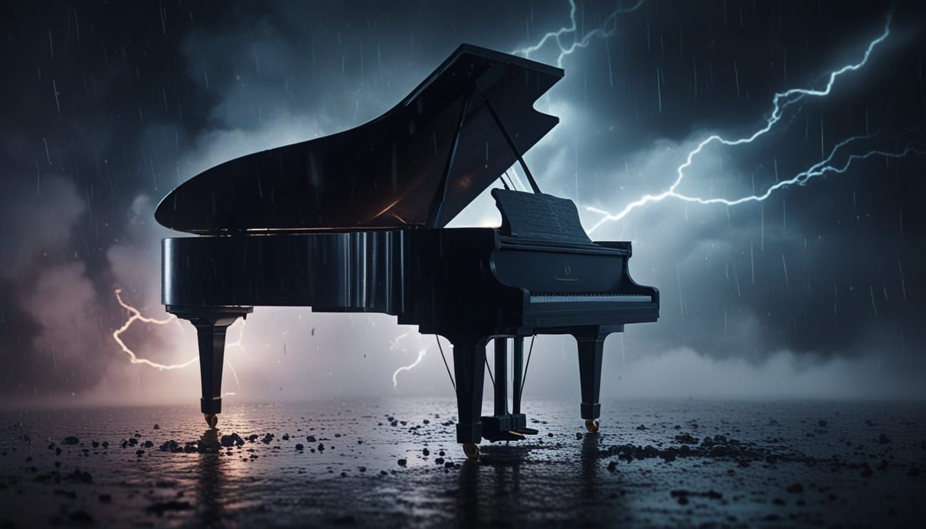 Grand Piano in Thunderstorm: Cinematic Digital Art