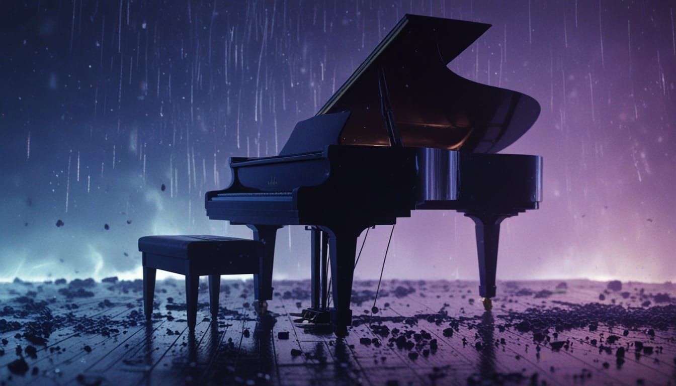 Grand Piano in Mist with Lightning, Futuristic Style
