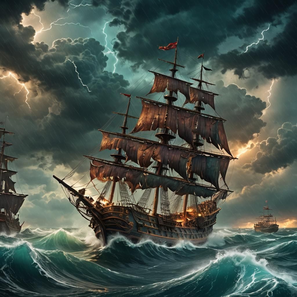 Pirate Ship Sailing Stormy Seas: Fantasy Concept Art
