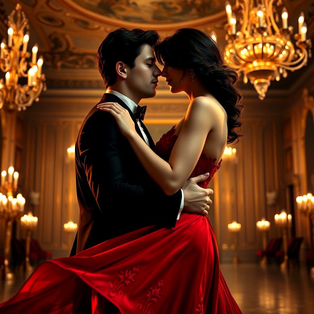 Crimson Gown: Ballroom Dance in Art Nouveau Style