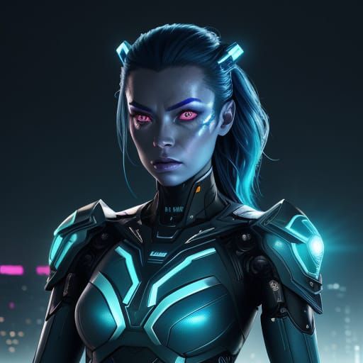 Futuristic Cyborg Goddess in Neon Cityscape