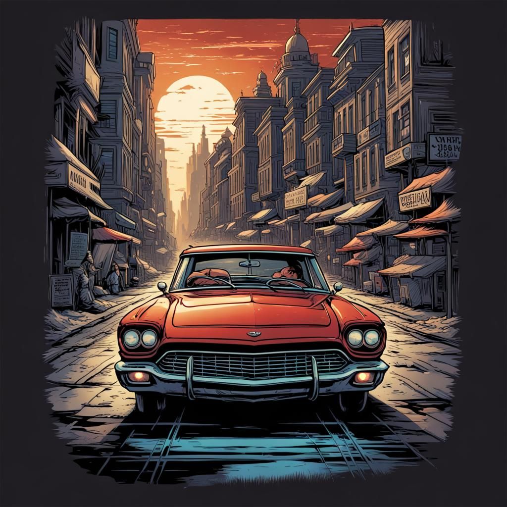 T-Shirt Design: Car in Street, Comic Book Art