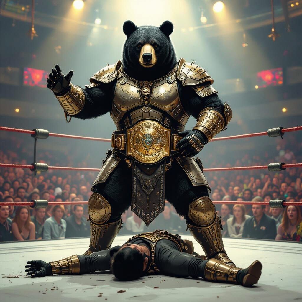 Steampunk Luchador Bear Victorious in Wrestling Ring