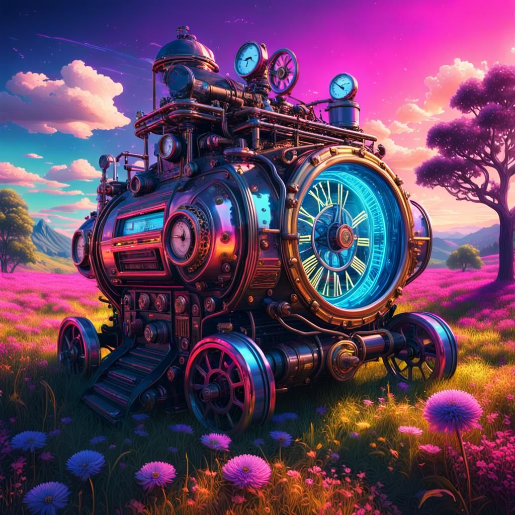 Steampunk Time Machine in Surreal Meadow