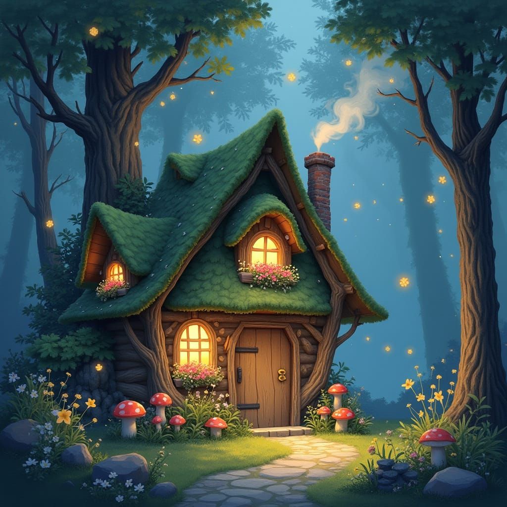 Whimsical Forest Cottage in Watercolor Style