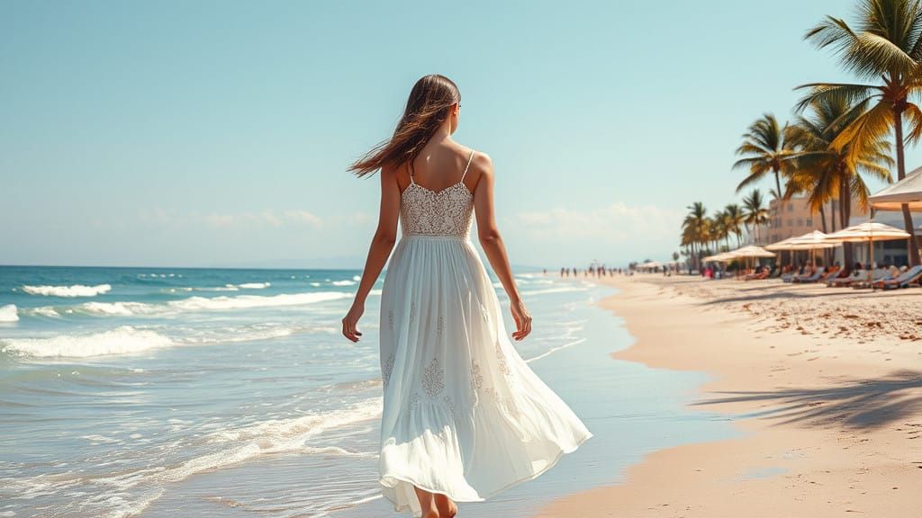 Serene Woman Strolls Along Dreamy Beach in Whimsical Landsca...