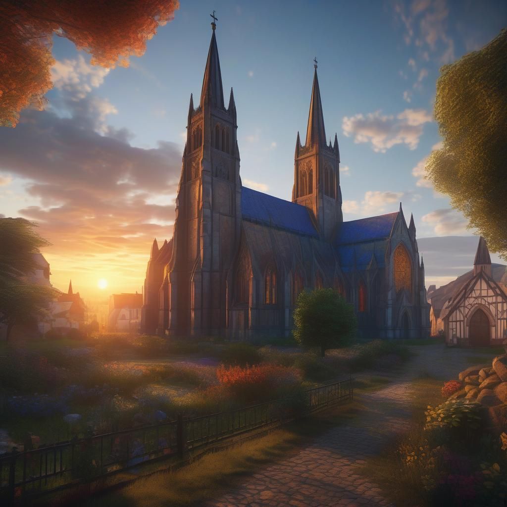 Majestic Cathedral with Stained Glass, Detailed Matte Painti...