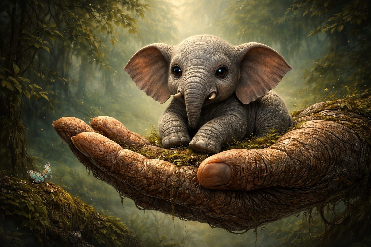 Caring Hand Holds Elephant in Mystical Jungle
