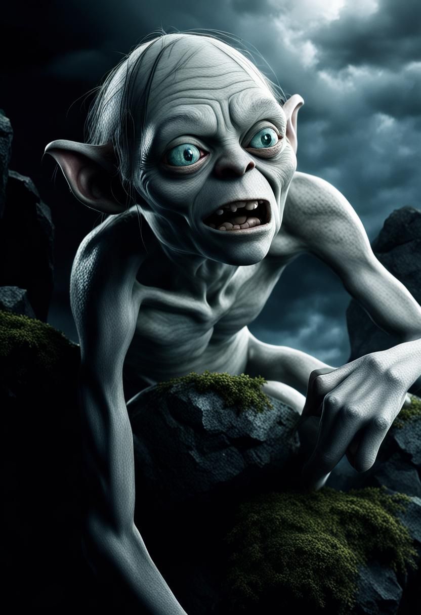 Dramatic Cinematic Portrait of Gollum on Rocks