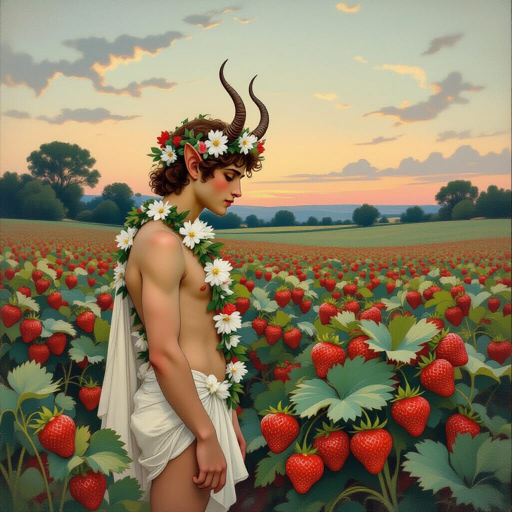 Faun Among Giant Strawberries in Art Nouveau Style