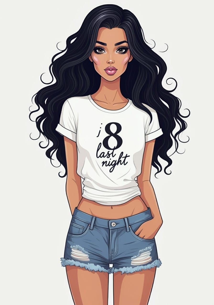 Elegant Young Woman in Distressed Denim and Bold Script