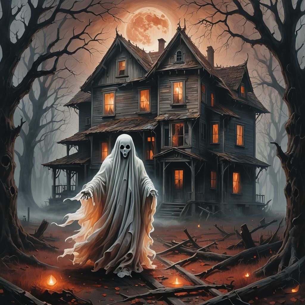 Ethereal Ghost Flies Under Blood Moon in Fantasy Art