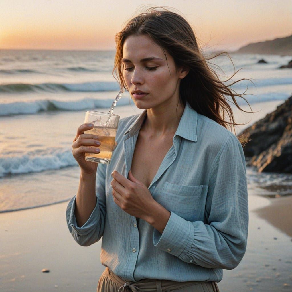 Serenely Refreshed Woman Seeks Calm by the Ocean at Sunset