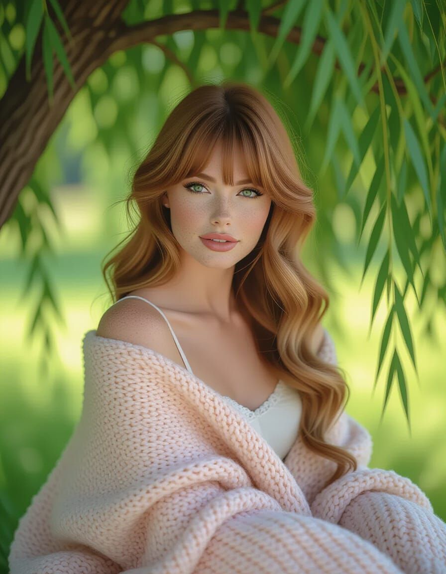 Strawberry Blonde Pin-Up Girl Poses Under Willow Tree