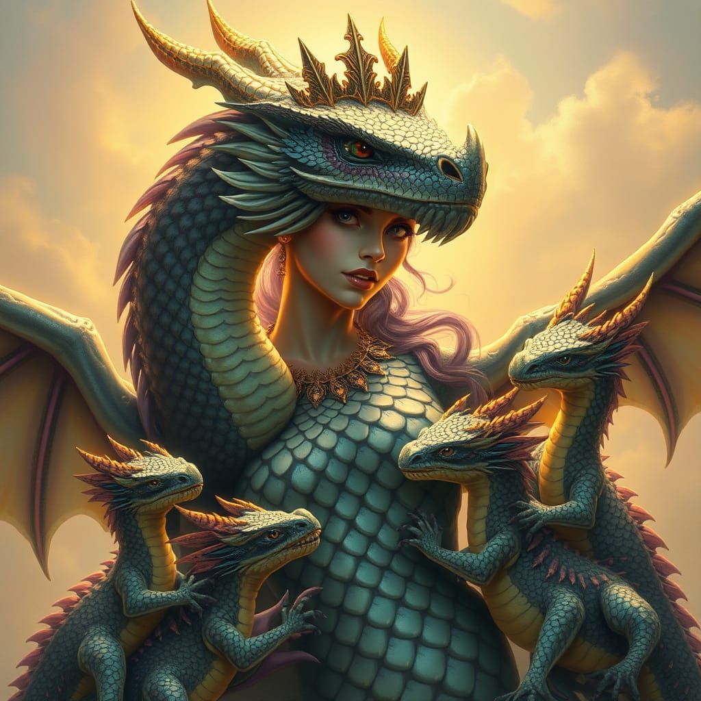 Dragon Queen with Dragon Babies in Mystical Realism Style