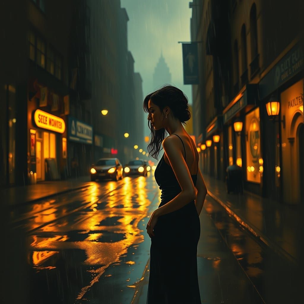 Woman in Rainy City Street, Film Noir Style