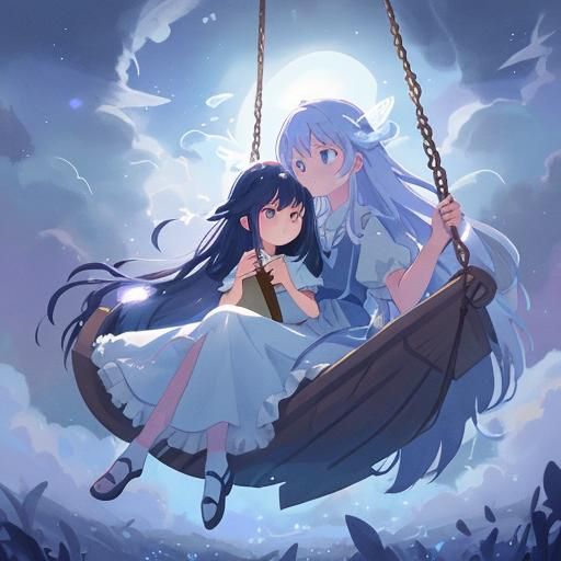 Ethereal Moonscape: Girl on Cloud Swing in Anime Style