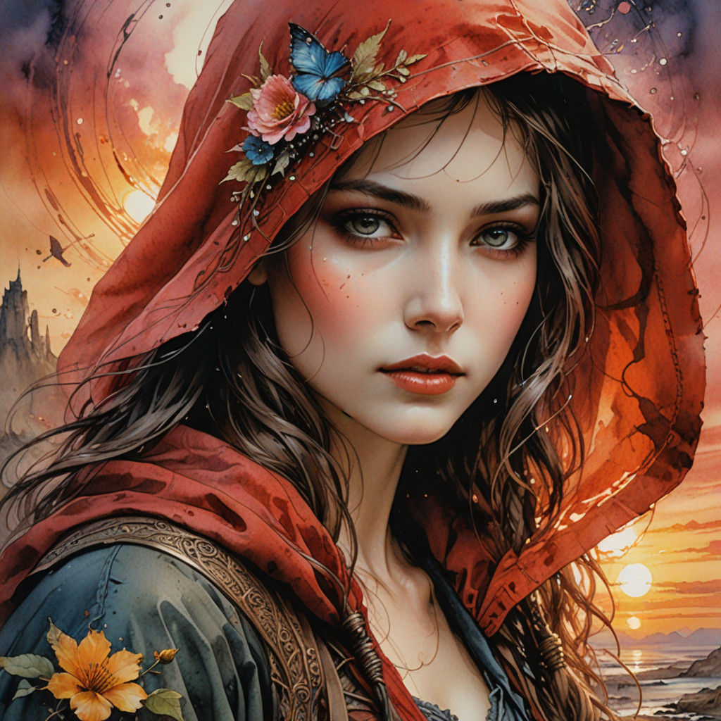 Ethereal Woman in Red, in Dreamy Digital Watercolor