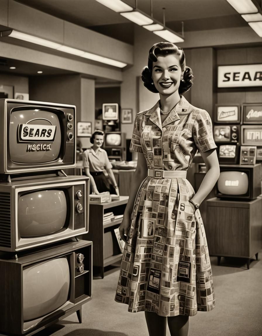 Retro-Futuristic Housewife and Television Set in Sepia Tones