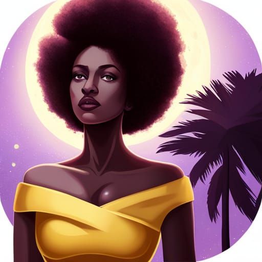Woman with Afro Under Moonlight: Hyperdetailed Concept Art