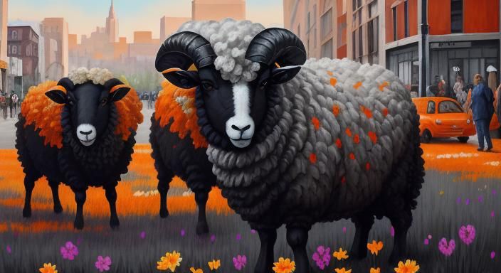 Surreal Flower Meadow Sheep in Graffiti Art Style