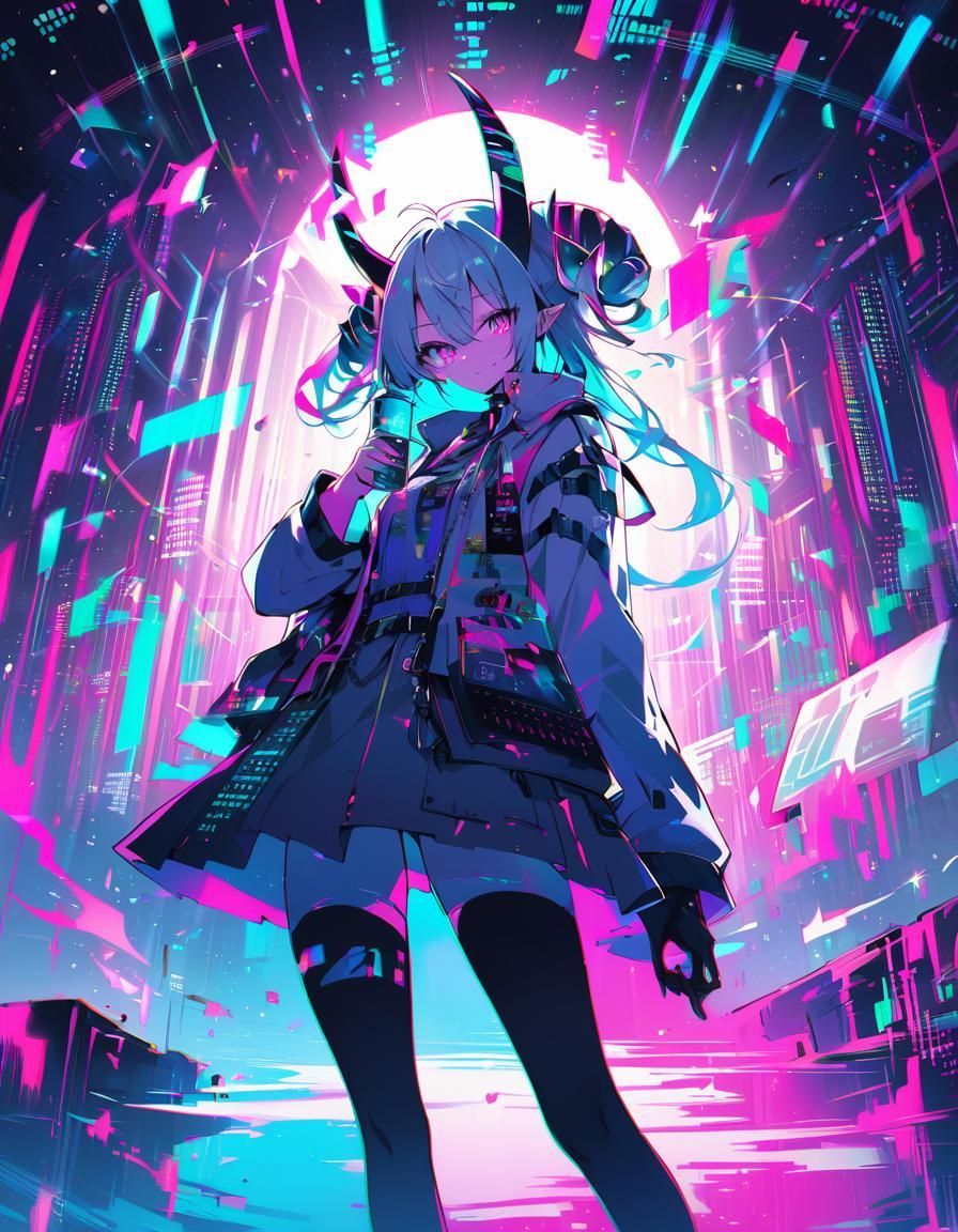 Glitchcore Dragongirl in Anime Key Visual Style