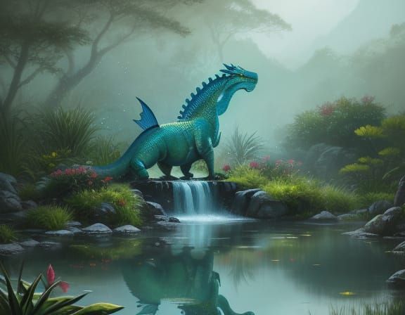 Oriental Water Dragon Rises From Lake in Golden Light