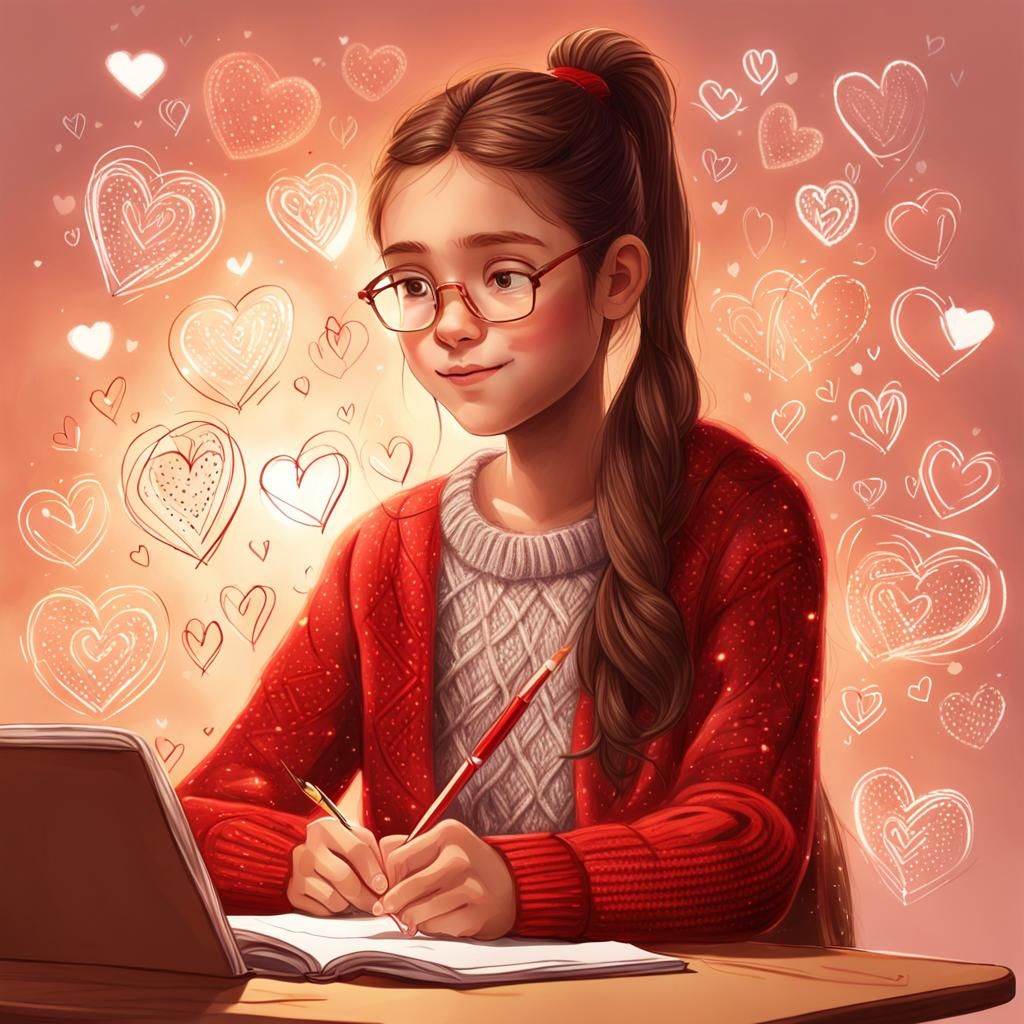 Girl Doodles Hearts: Hyper-Realistic Digital Art