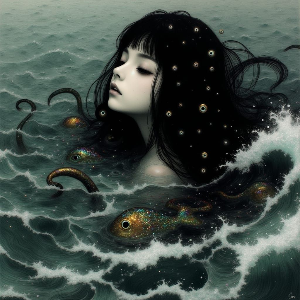 Serene Japanese Woman Amidst Turbulent Ocean Waves in a Myst...