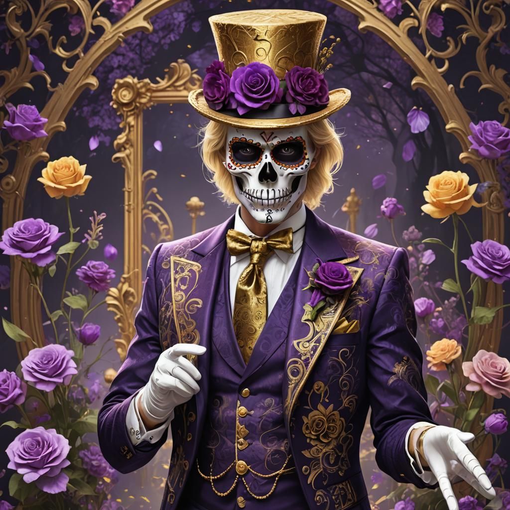 Sugar Skull Man in Purple Floral Tuxedo