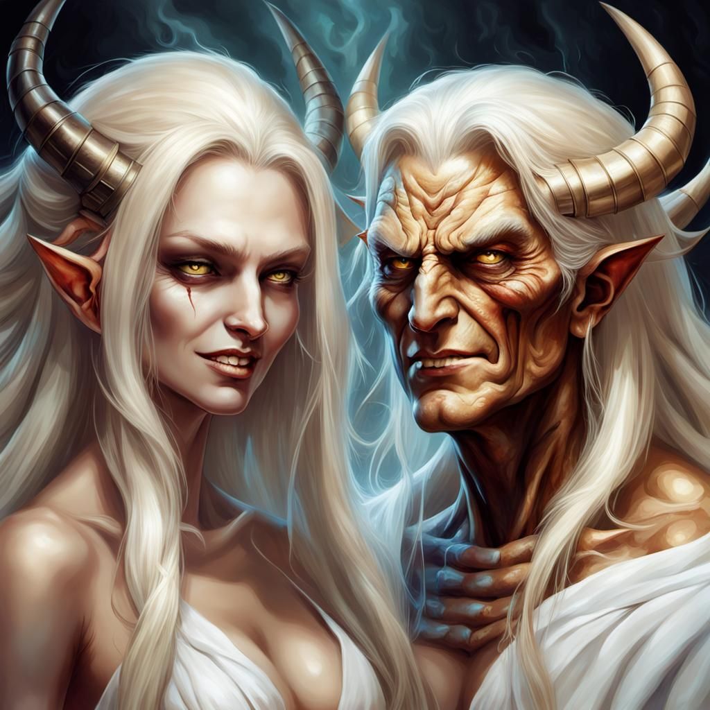 Sensual Female Demons with Happy Old Man