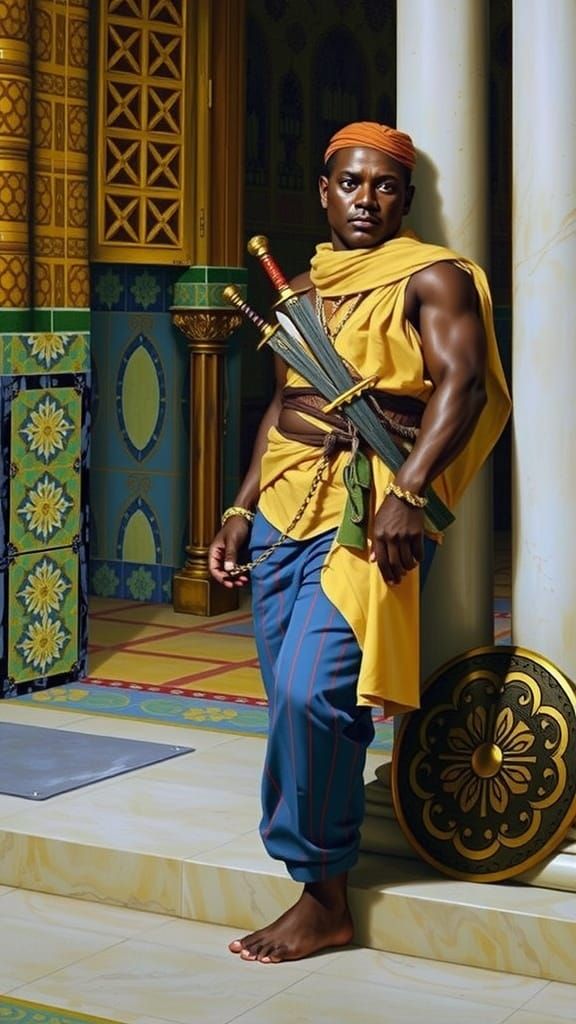 Cinematic Portrait of Muscular Warrior in Traditional Garb