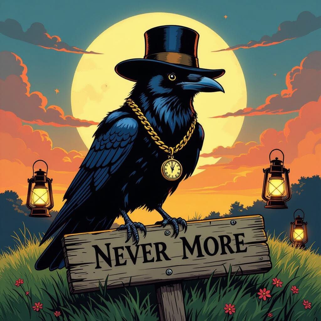 Raven with Clock Pendant in Comic Book Style