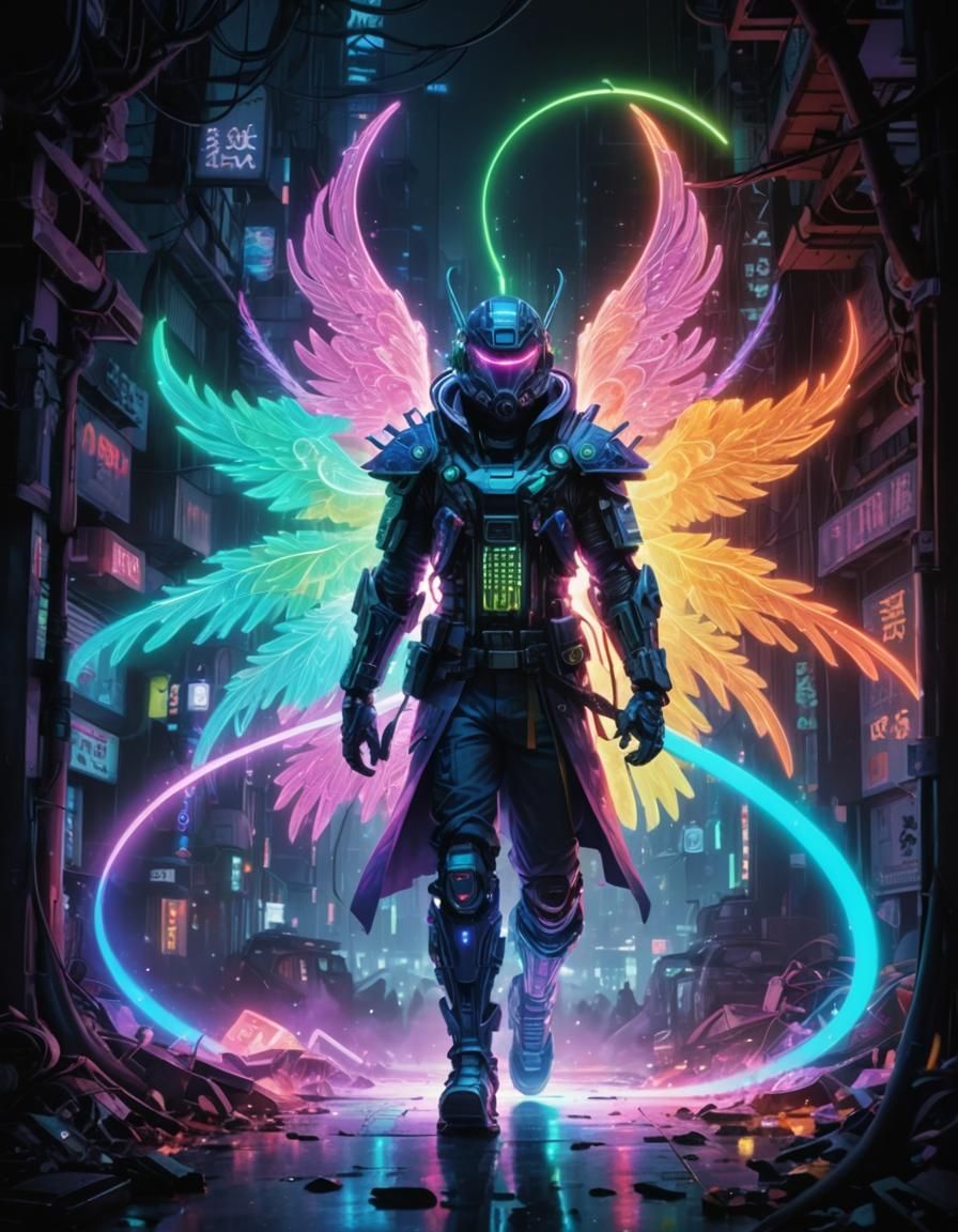 Neon Robot Figure with Cyber Mask in Anime Style