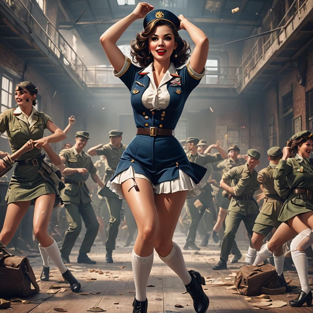 Brunette Pin-Up Dancing in Military Uniform, Detailed Matte ...