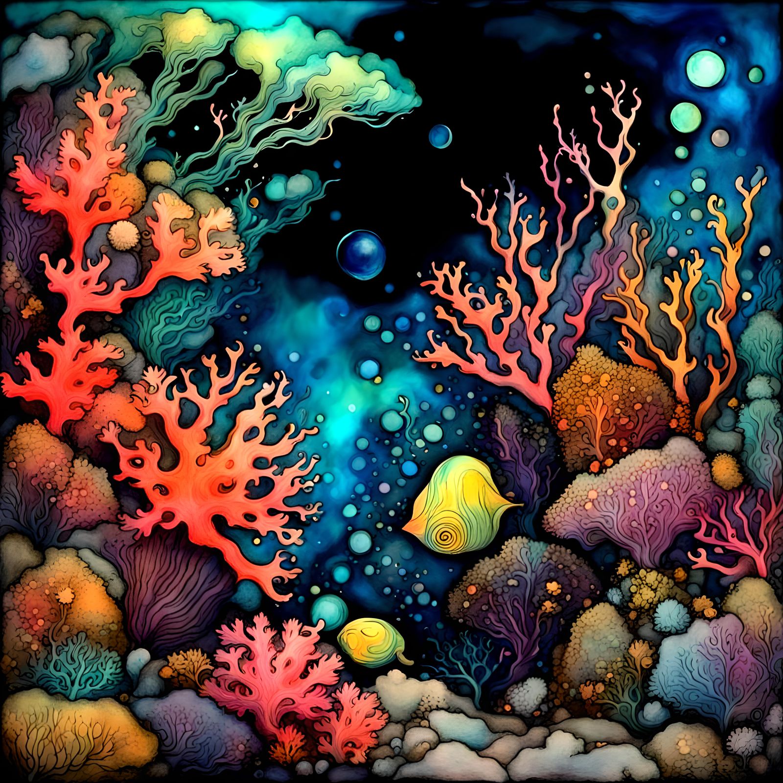 Flourescnt fantasy psychedelic coral reef, underwater cstle,...